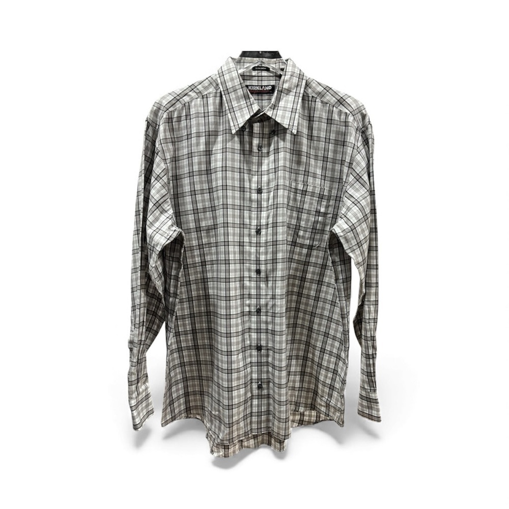 Kirkland Signature Men's Gray Plaid Button Down Shirt